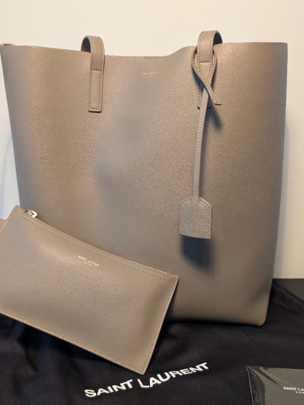 Saint Laurent Taupe-Grain Leather Tote with Detachable Pouch